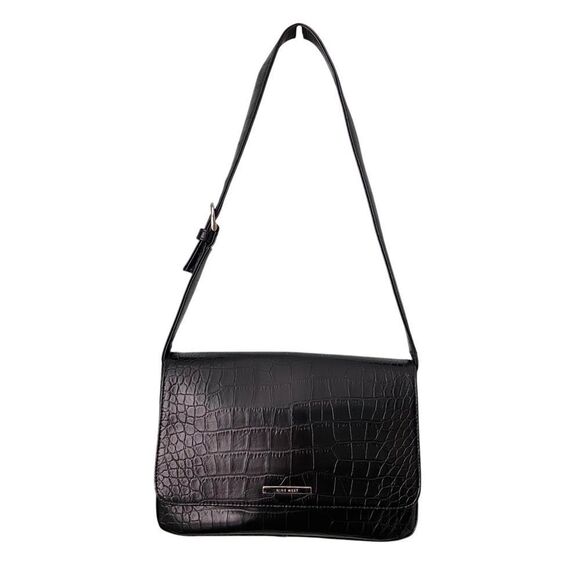 Nine West Elegant Black Faux Crocodile-Embossed Pattern Shoulder Bag in One Size - Picture 1 of 13